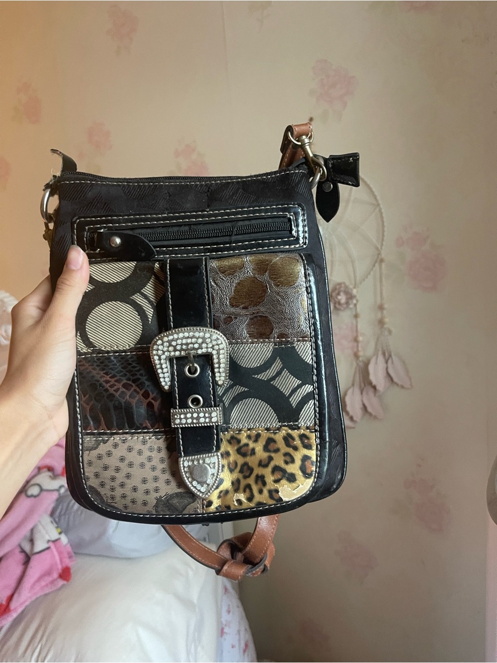 Patchwork Mixed-Print Vintage Crossbody Bag in Brown